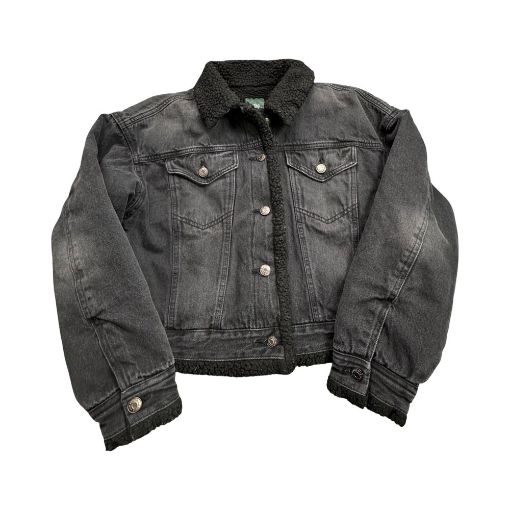 Wild Fable Jacket Womens Small Black Denim Trucker Faux Fur Borg Lined Cropped